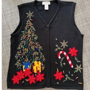 DRAPERS & DAMONS VINTAGE 100% Cotton 3D Light Ugly Christmas Zip Sweater Vest PL